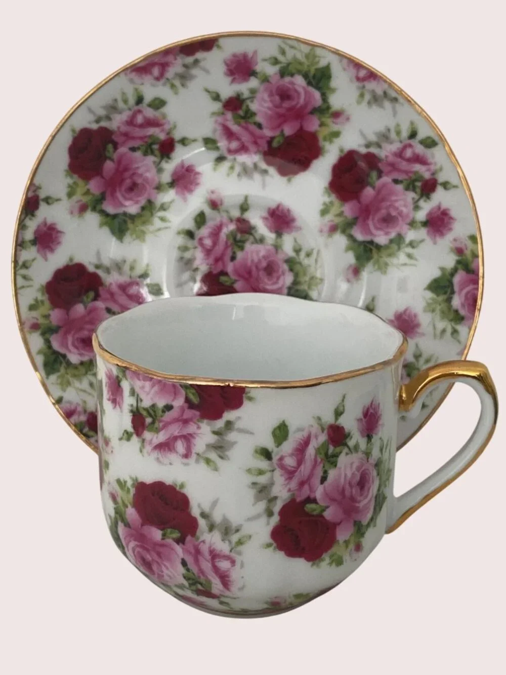 VTG Cup Saucer Floral Rose Chintz Gold Rim China No Markings Replacement